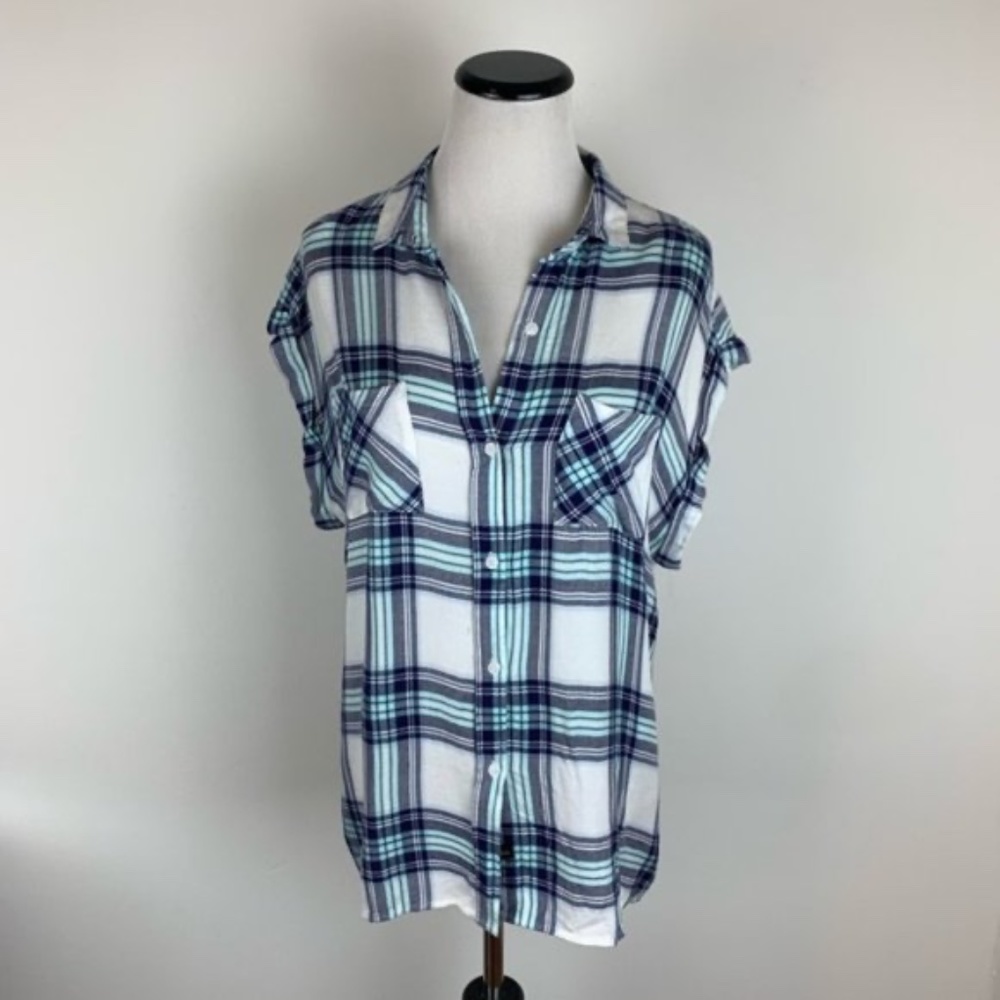 Rails Plaid Button Down Shortsleeve Top Blue White - image 1